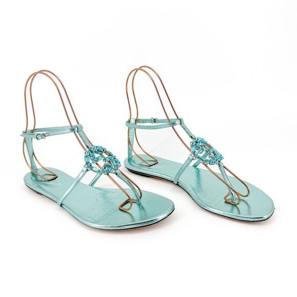 Gucci Crystal GG Metallic Blue Leather Flat Sandals Size 38.5 US 8.5 Women's - Picture 1 of 14